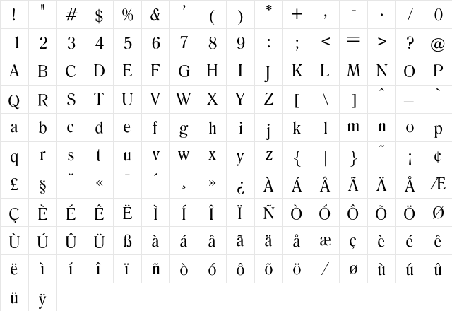 Emilia Regular  glyph index