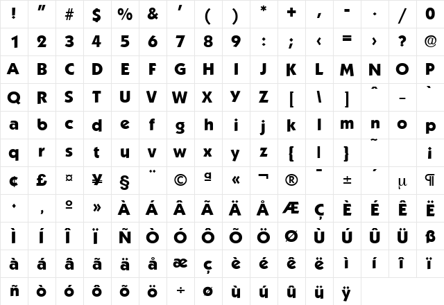 Koblenz-Serial-ExtraBold Regular  glyph index
