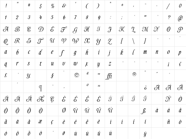 Alys Script Bold Regular  glyph index