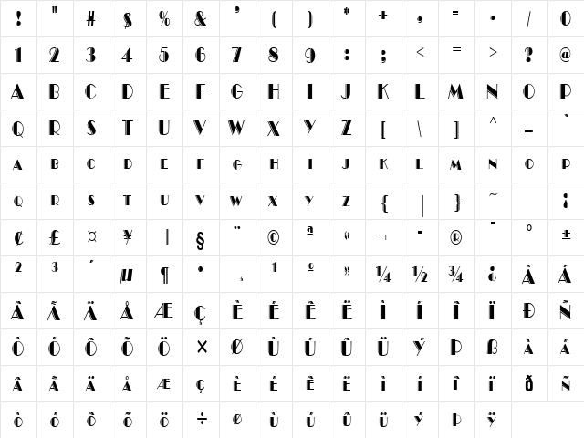 Ritz EngravedCondensed Normal  glyph index