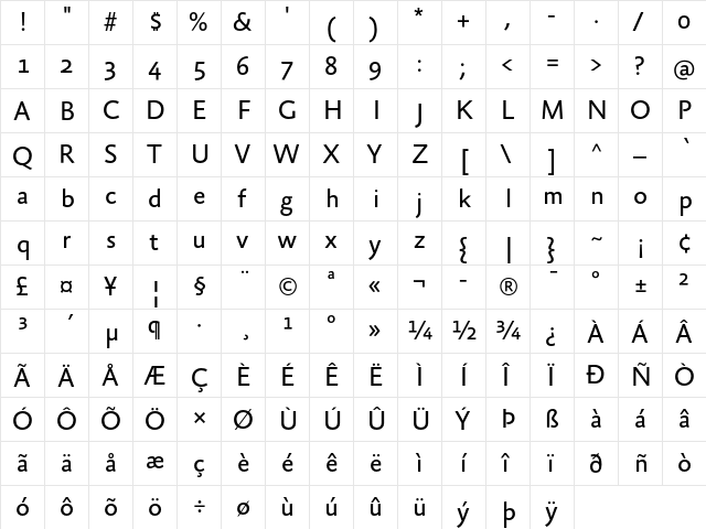 AbsaraSans-Regular Regular  glyph index