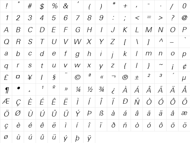 USALight Italic  glyph index