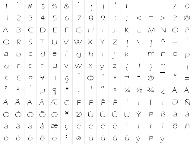 Eric Lite Extended Normal  glyph index