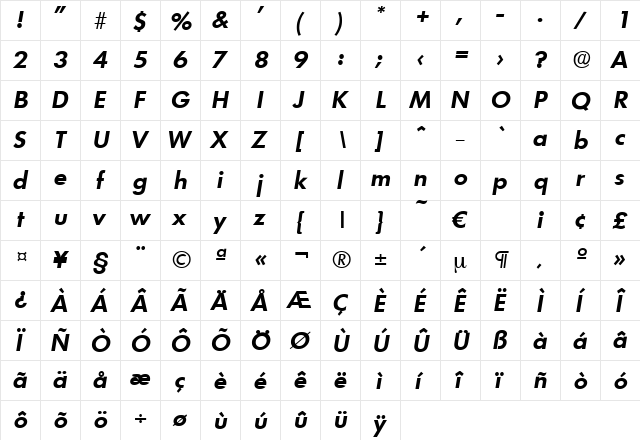 Limerick-DemiBoldIta Regular  glyph index