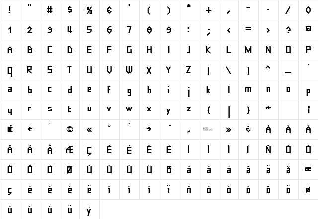 Eyebel Bold  glyph index