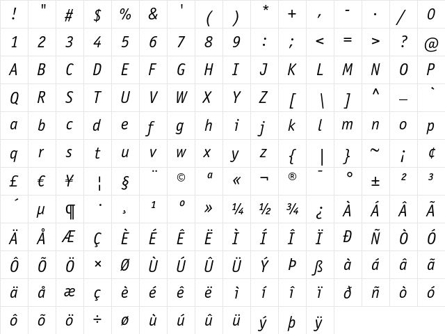 ITC Officina Sans LT Book Italic  glyph index