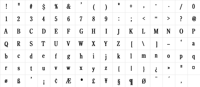 Bucolic Modern Conden Regular  glyph index