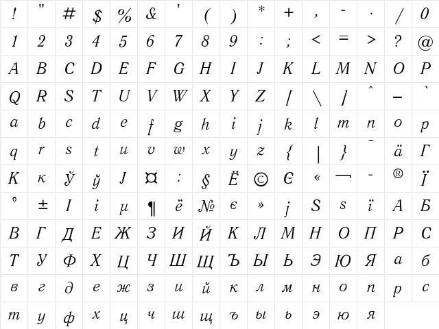 Antiqua Italic  glyph index