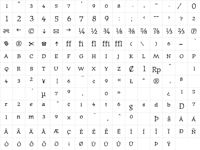 JournalTextFractions Regular  glyph index