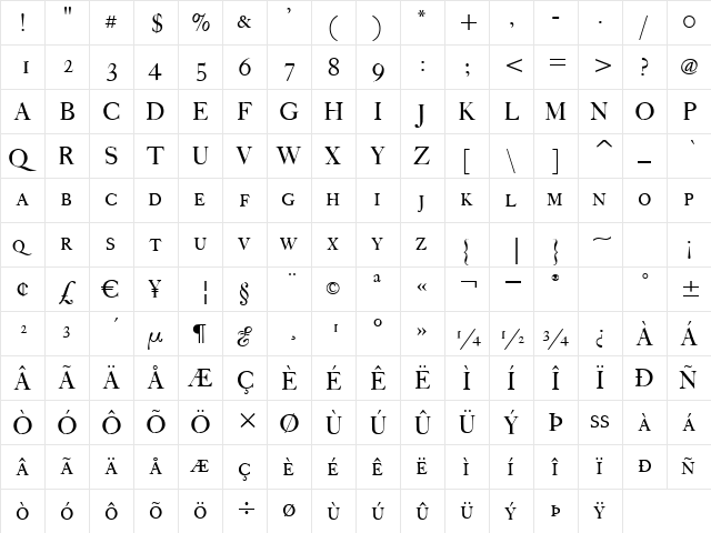 FCaslonFortyTwoSCITC TT Roman  glyph index
