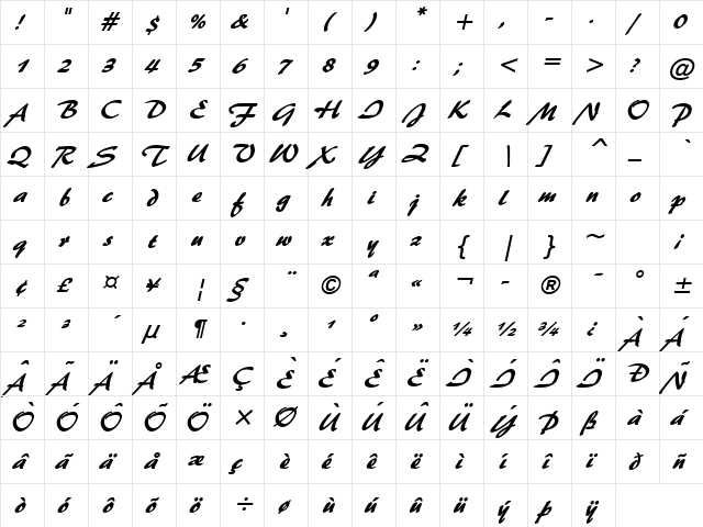 Brushstroke 35 BoldItalic  glyph index