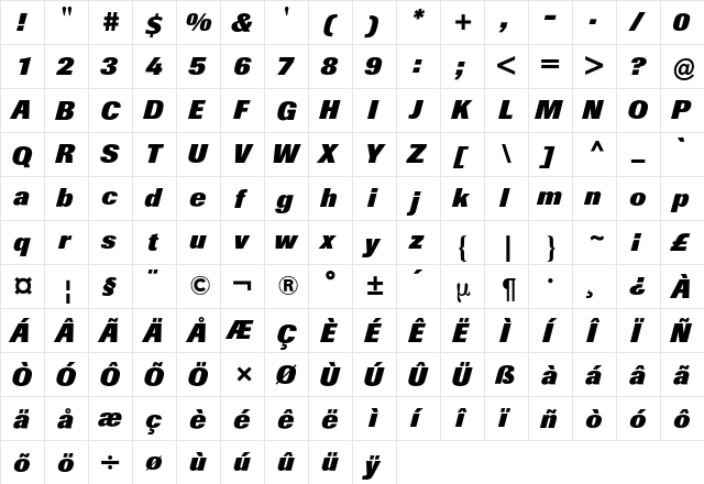Berthold Imago BQ Regular  glyph index