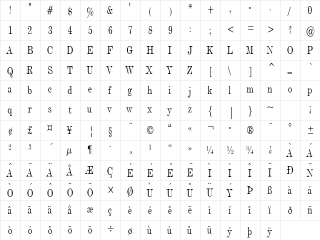 Devine Condensed Normal  glyph index