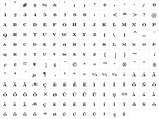 EngravrsRoman Bd BT Bold  glyph index