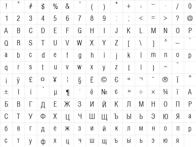 HeliosCondLight Normal  glyph index