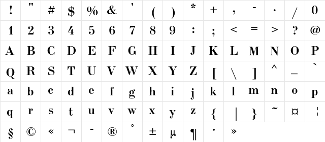 NewStandardC Bold  glyph index