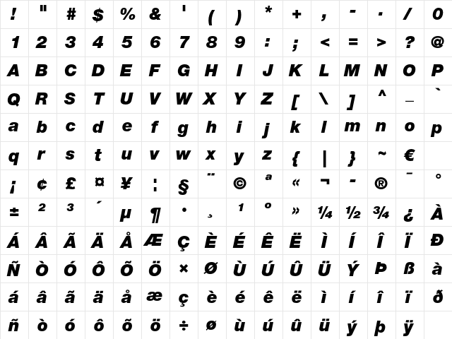 Helvetica Neue LT Pro 96 Black Italic  glyph index