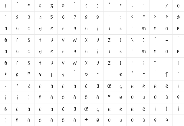 Katherine Handwriting Regular  glyph index