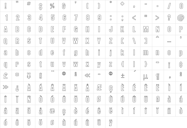 Detroit Hollow Regular  glyph index