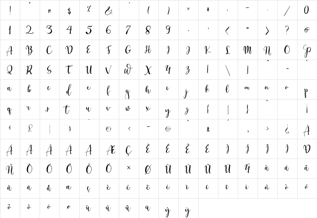 Craftylover Regular  glyph index