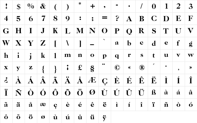 Caslon Old Face BQ Regular  glyph index