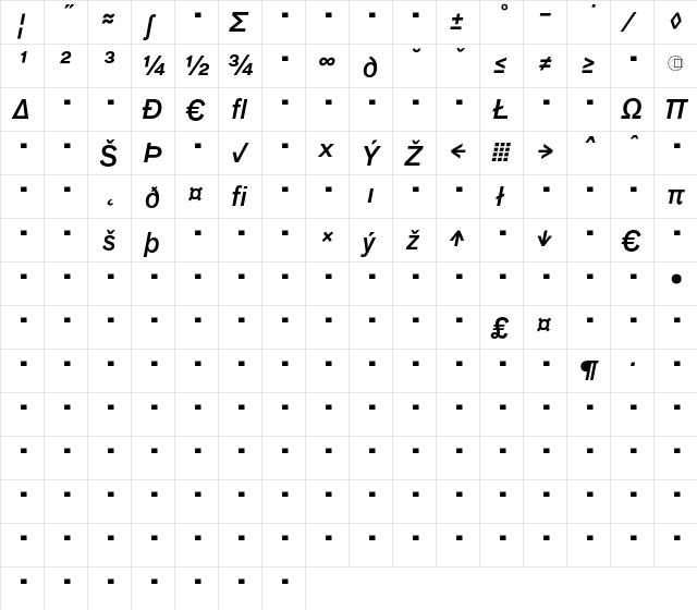 BauLF-MediumItalicExp Regular  glyph index
