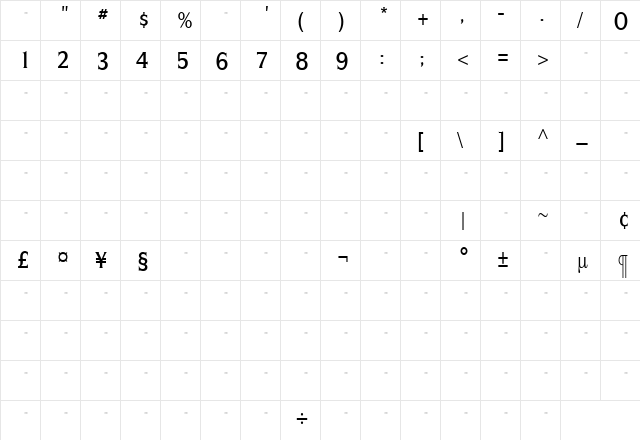 SilveradoMediumCondensedTab Roman  glyph index