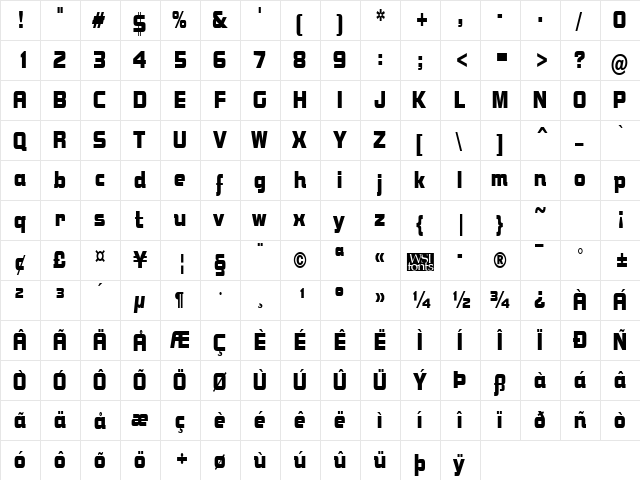 BolsterCondensed Regular  glyph index