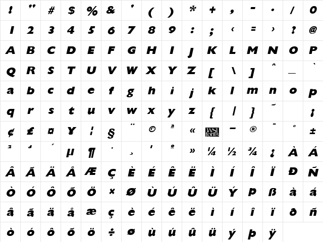 GiliganExtrabold Italic  glyph index