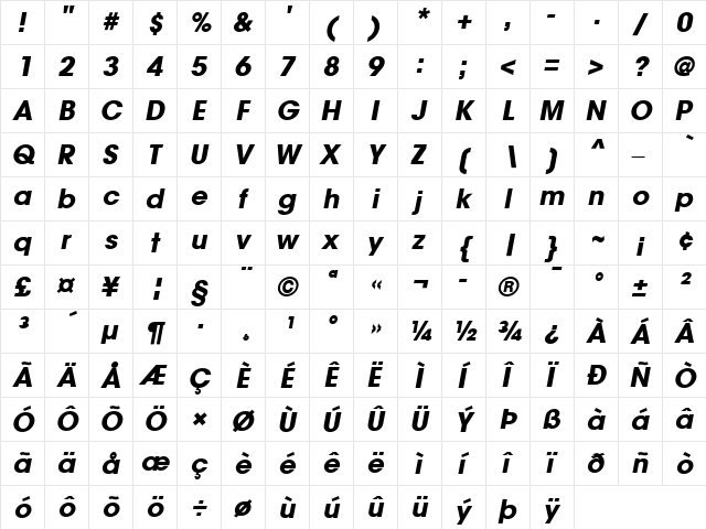 AvantGarde LT Medium Bold Italic  glyph index