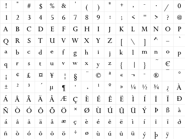 Toujours Regular  glyph index