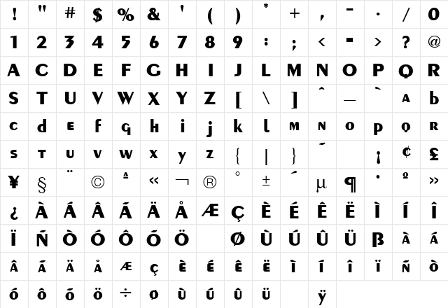 Piano Bold  glyph index