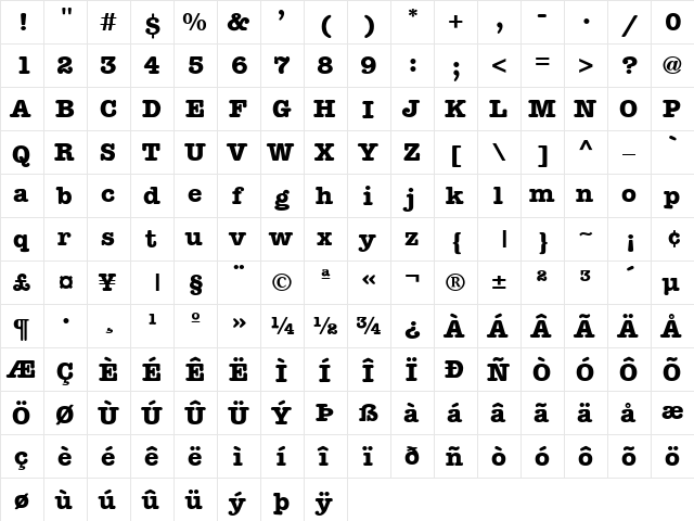Memorandum Bold  glyph index