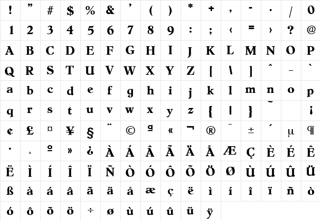 Hoboken-Serial Bold  glyph index