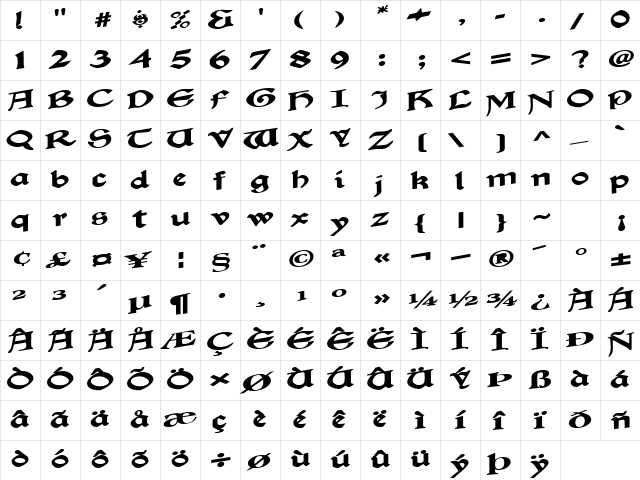 BeachComber65 Bold  glyph index