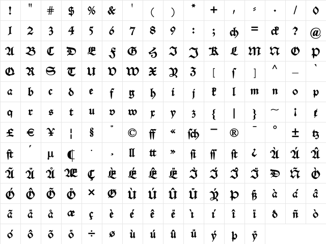 Alte Schwabacher DemiBold  glyph index