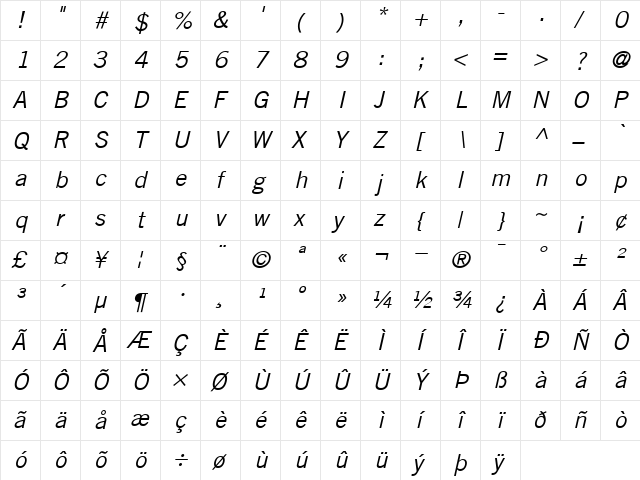 TradeGothic RomanItalic  glyph index