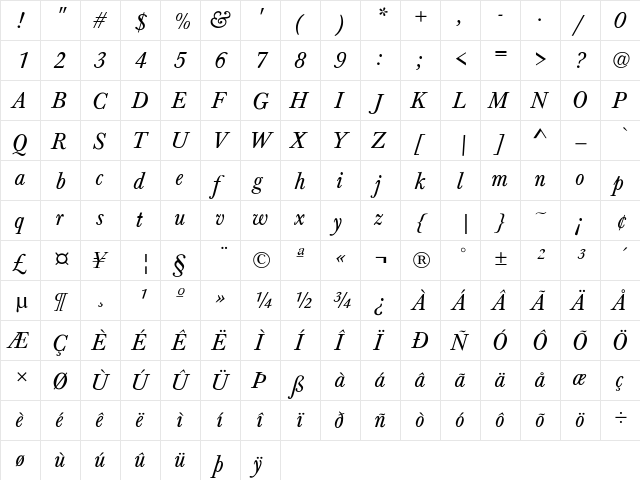 Seaton-Normal-Italic Regular  glyph index