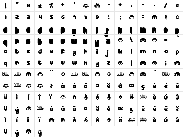 Billo Regular  glyph index