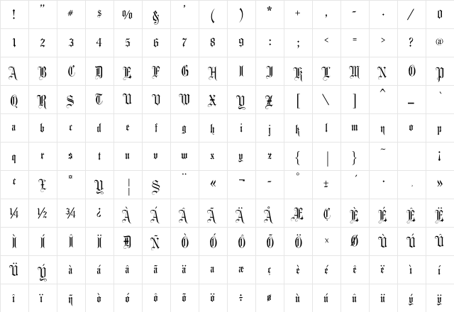 LHF Stratford Regular  glyph index