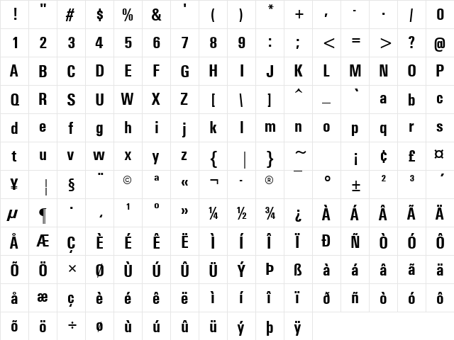 MilkyWay Cond Bold Regular  glyph index