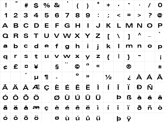 Black Dog 6 Regular  glyph index