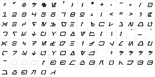 Aurebesh Bold Italic  glyph index