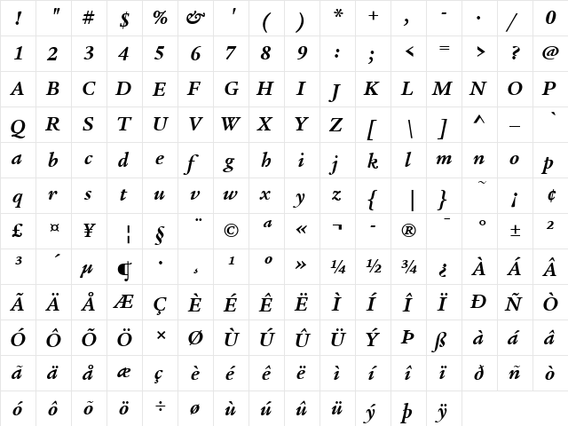 ITCLegacySerif LT Book Bold Italic  glyph index