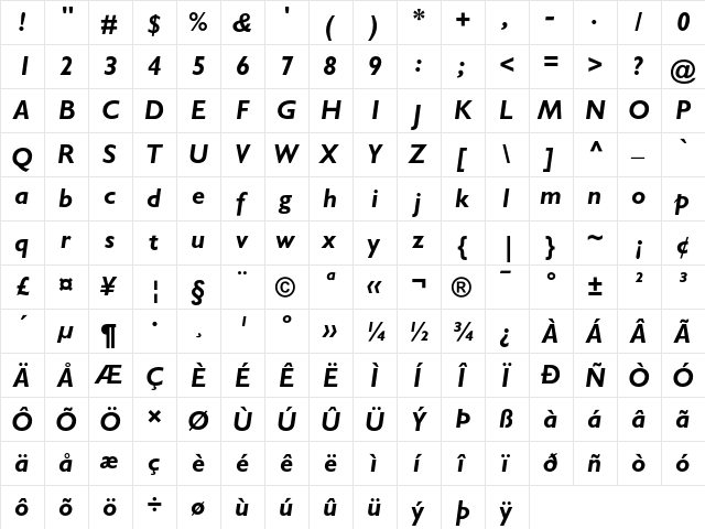 Gill Sans Bold Italic  glyph index