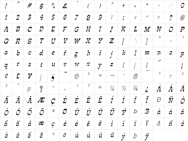 Expose Thin Condensed Italic  glyph index