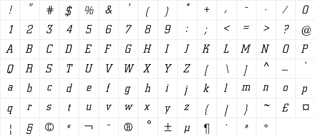 ColiseumLightC Italic  glyph index