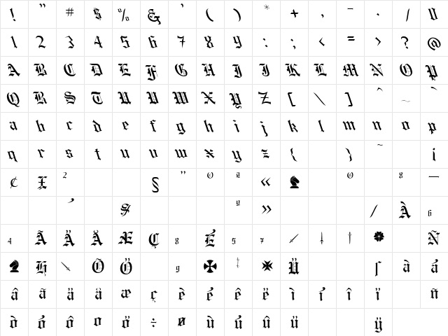 Helena Leftified Regular  glyph index