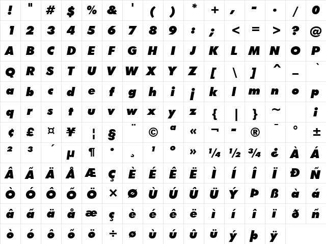 Futura XBlkIt BT Extra Black Italic  glyph index