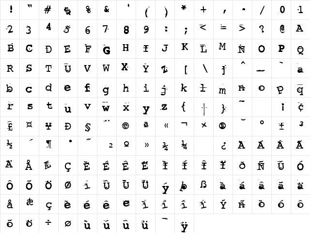 Screwed Up Typewriter Regular  glyph index